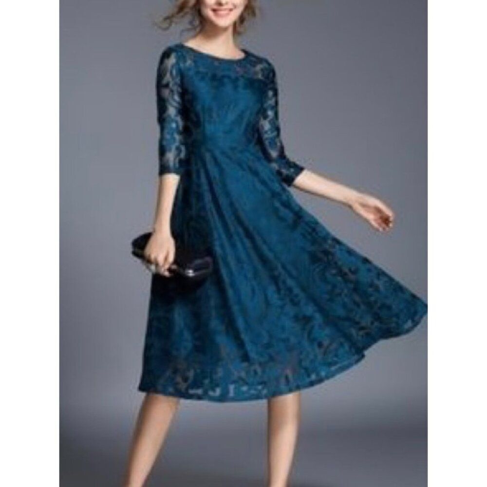 Yiso Women Black Lace 3/4 Sleeve Fit & Flare Semi Formal Dress Size 2